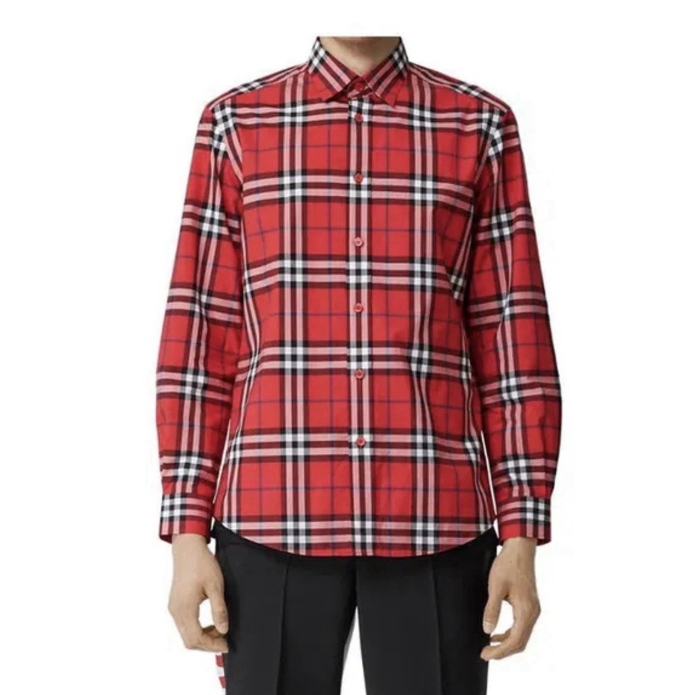 Burberry London England Red Nova Check Plaid Cotton Button-Up Shirt Men's M